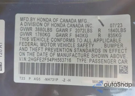 2023 Honda Civic Sport z USA, uszkodzony, nr VIN 2HGFE2F54PH563716